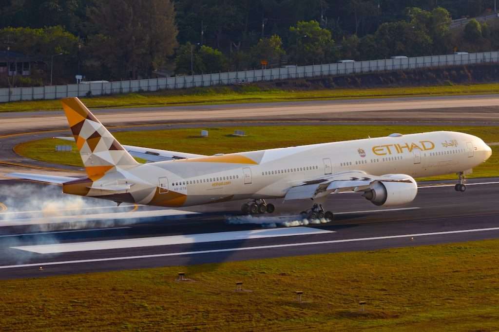 Etihad Airways Boeing 777 landing at Phuket International Airport