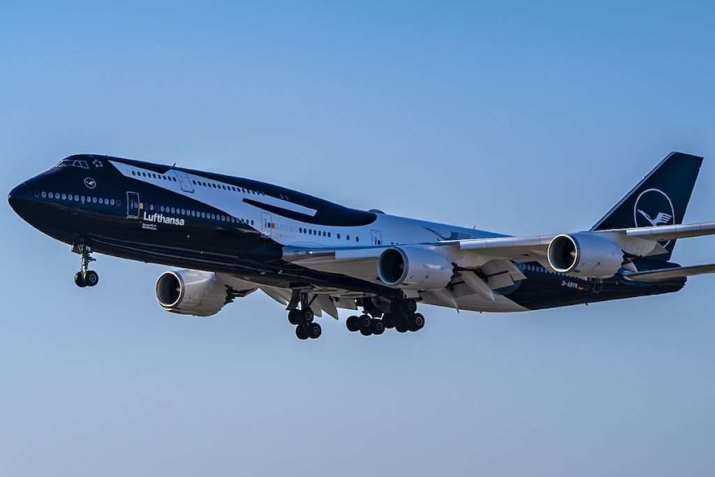 Lufthansa Boeing 747-8 in 100 year livery arriving in Frankfurt home base on sunny morning