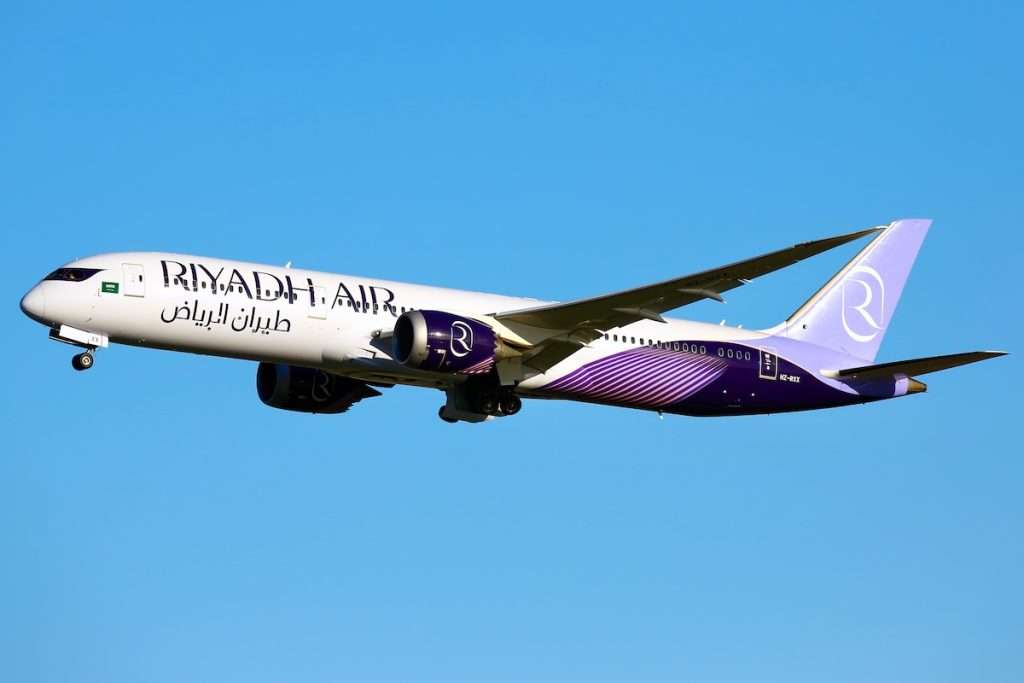 A Riyadh Air Boeing 787 Dreamliner departing London Heathrow