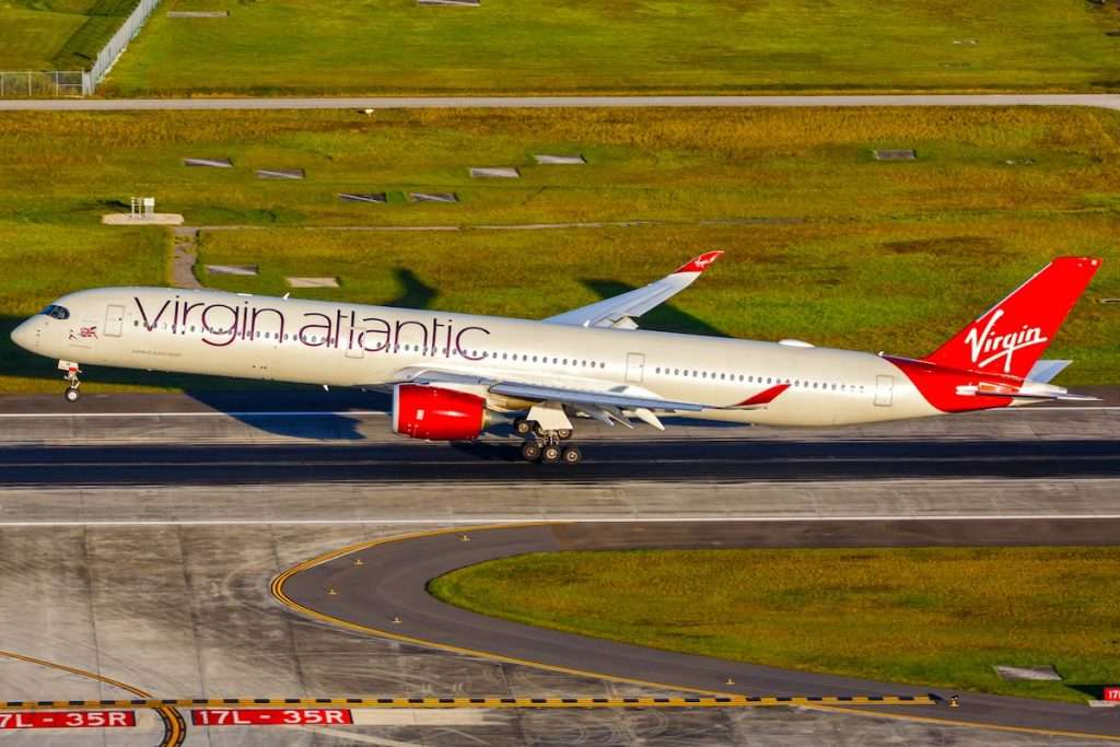 Orlando, United States - October 17, 2024: Aerial view photo of Virgin Atlantic Airbus A350-1000 airplane at Orlando Airport, United States