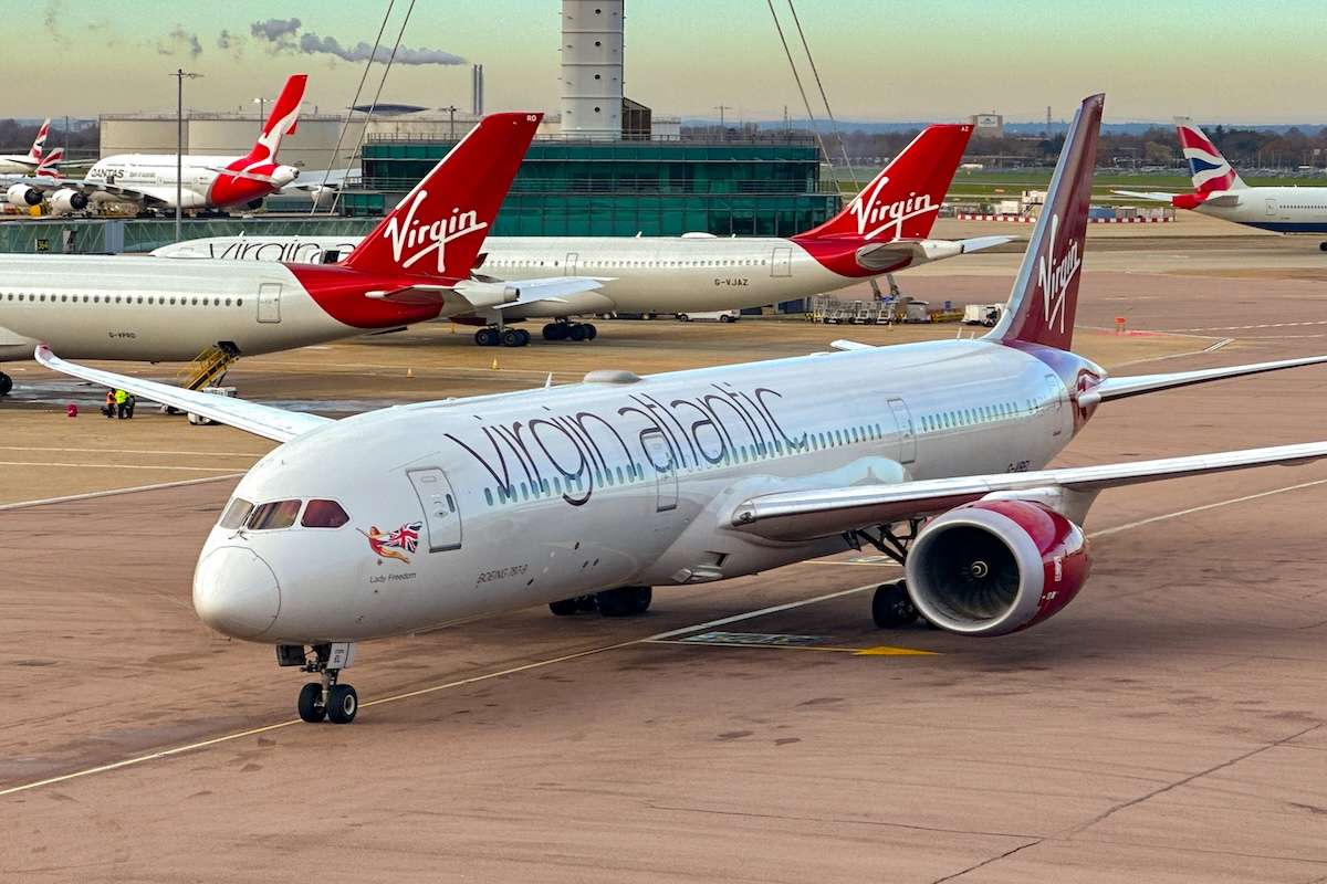 London, England, UK - 30 November 2023: Virgin Atlantic Airways Boeing 787 taxiing to Terminal 3 at London Heathrow airport.