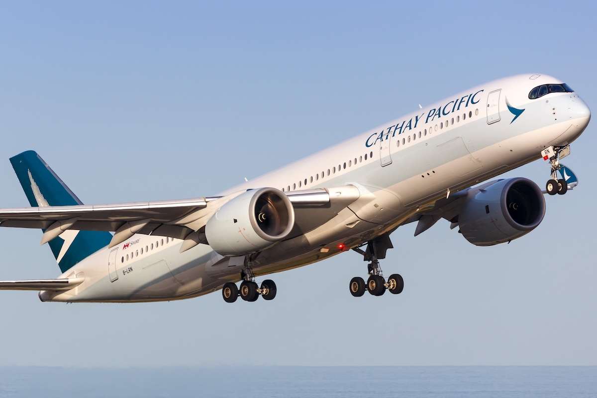 A Cathay Pacific Airbus A350-900 departs Barcelona, Spain