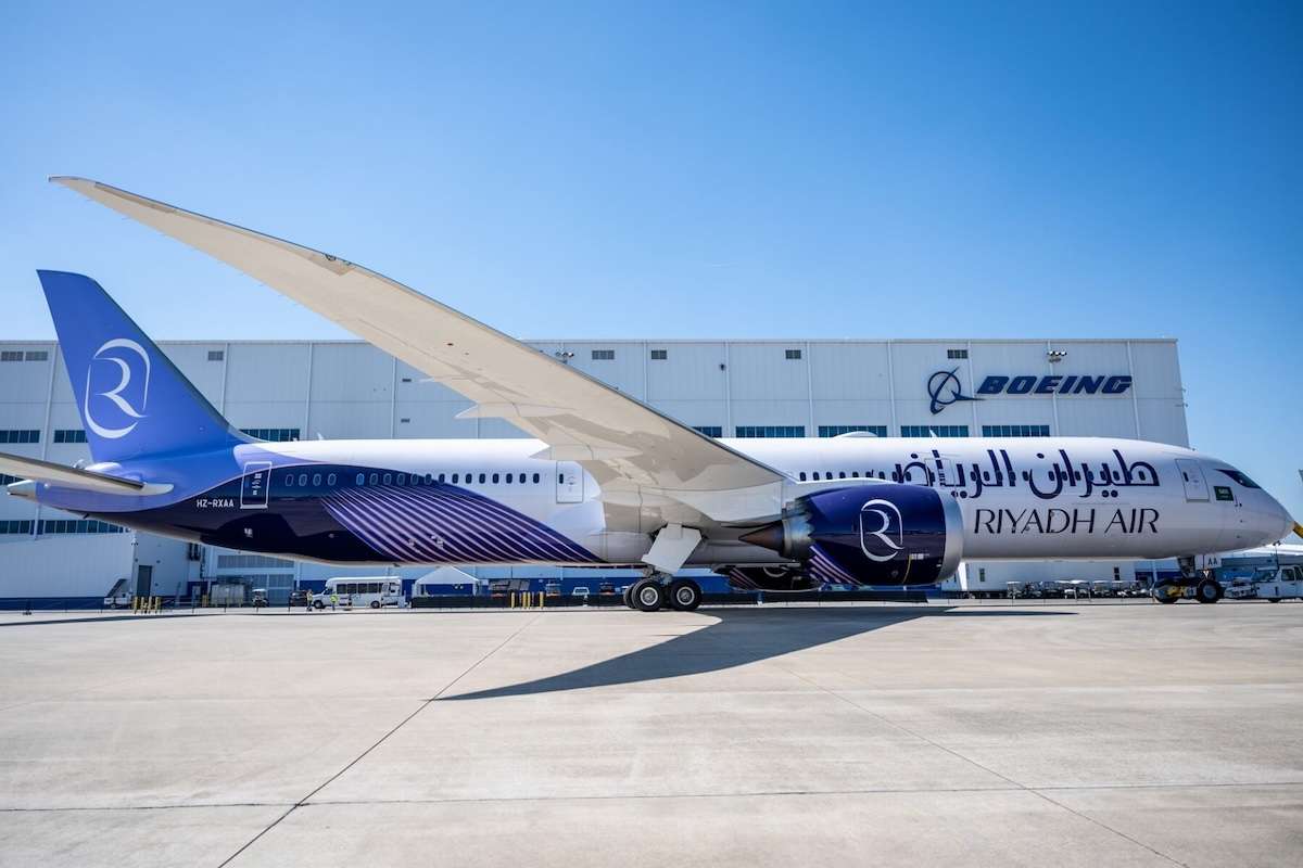 A Riyadh Air Boeing 787 prepped for delivery