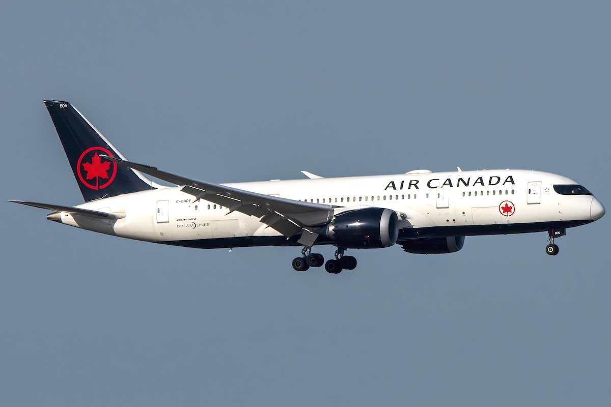 Madrid, Spain - May 17, 2026. Air Canada Boeing 787-8 airliner landing at Madrid Barajas Airport with registration C-GHPY.