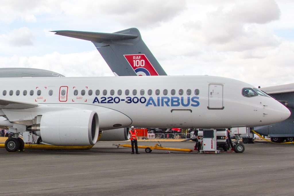 An Airbus A220-300 at the Farnborough International Airshow