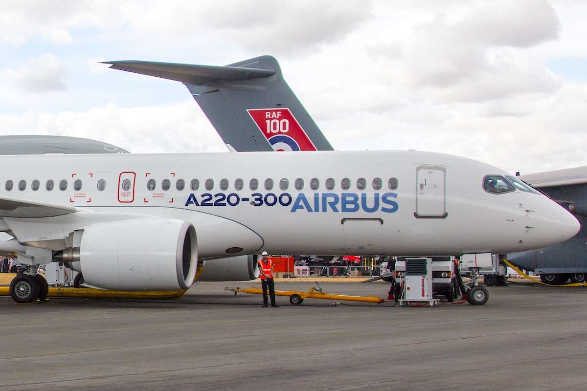 An Airbus A220-300 at the Farnborough International Airshow