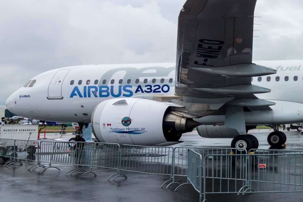 BERLIN, GERMANY - JUNE 01, 2016: Narrow-body twin-engine jet airliner Airbus A320neo. Exhibition ILA Berlin Air Show 2016