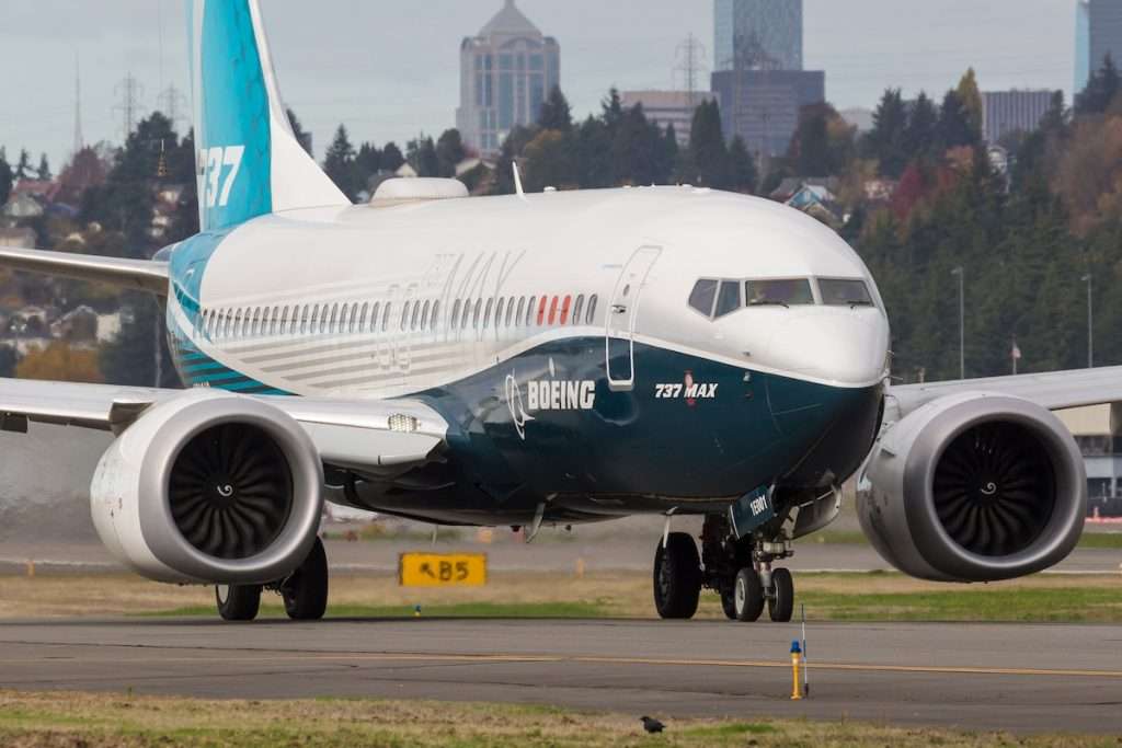 SEATTLE, WASHINGTON / USA - November 6, 2020: A Boeing 737 Max 7 departs from King County International Airport, also known as Boeing Field.