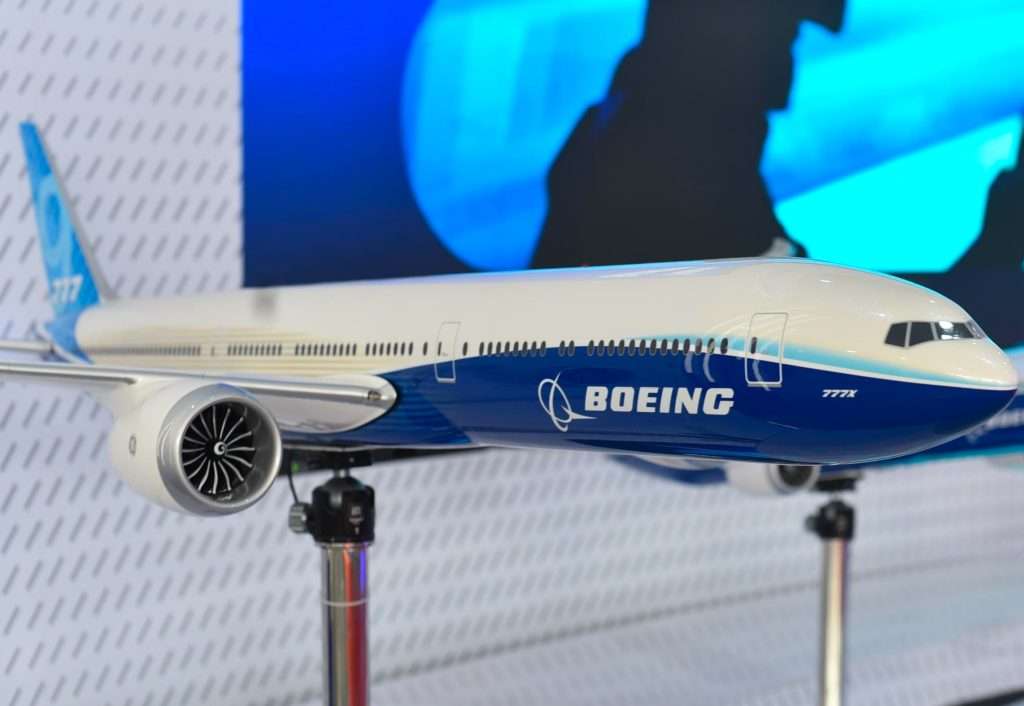 India: On 29th, January 2026. Boeing 777x Miniature Model displayed at Wings India Airshow