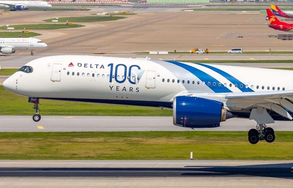 Incheon, South Korea - Jul 27 2025: An Airbus A350-941 of Delta Air Lines, featuring a special 100 Years livery, touches down at Incheon Airport in South Korea.