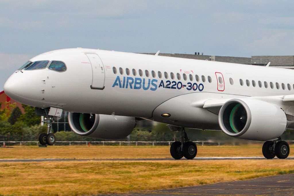 An Airbus A220 at the 2028 Farnborough Airshow