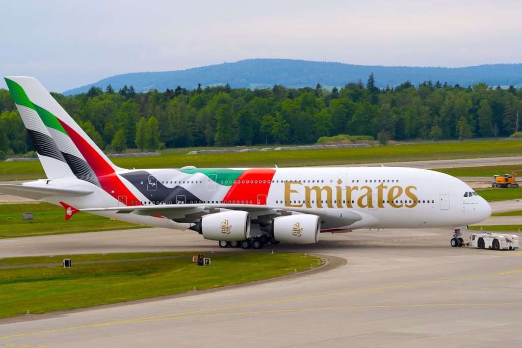 Emirates passenger airplane Airbus A380-842 registration A6-EVG UAE flag livery