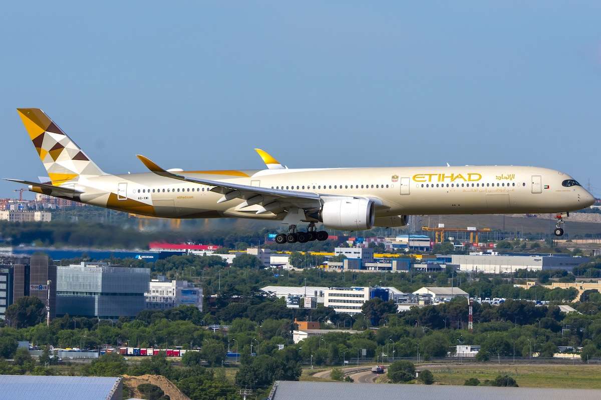 Madrid, Spain - May 17, 2026. Etihad Airways Airbus A350 1000 airliner landing at Madrid airport with registration A6-XWI.