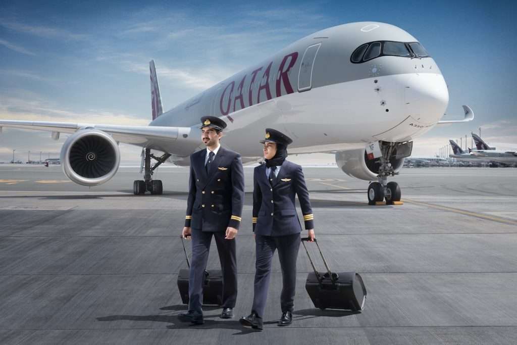 Qatar Airways Pilots out the front of an Airbus A350