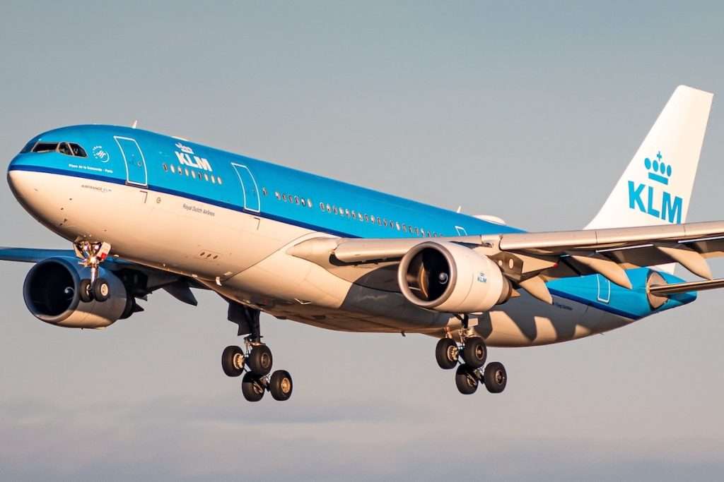 VANCOUVER, CA - Nov 13, 2022: An aerial view of KLM A330-200 arriving at YVR during golden hour