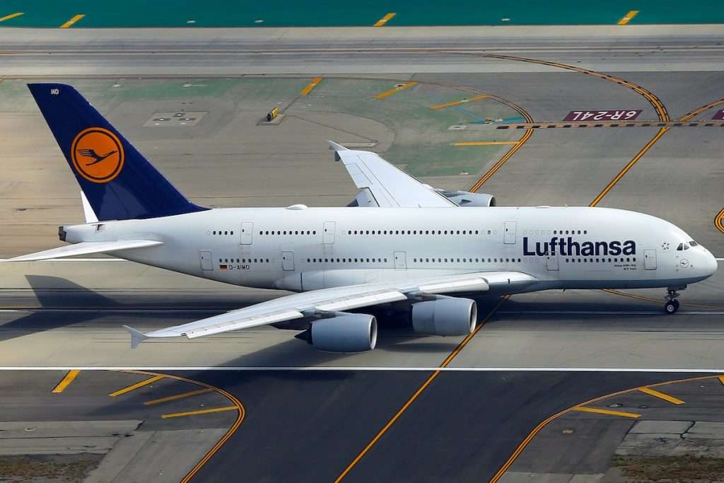 Los Angeles, California, USA - June 17, 2015: Lufthansa Airbus A380-841 takes off from Los Angeles International Airport (LAX)