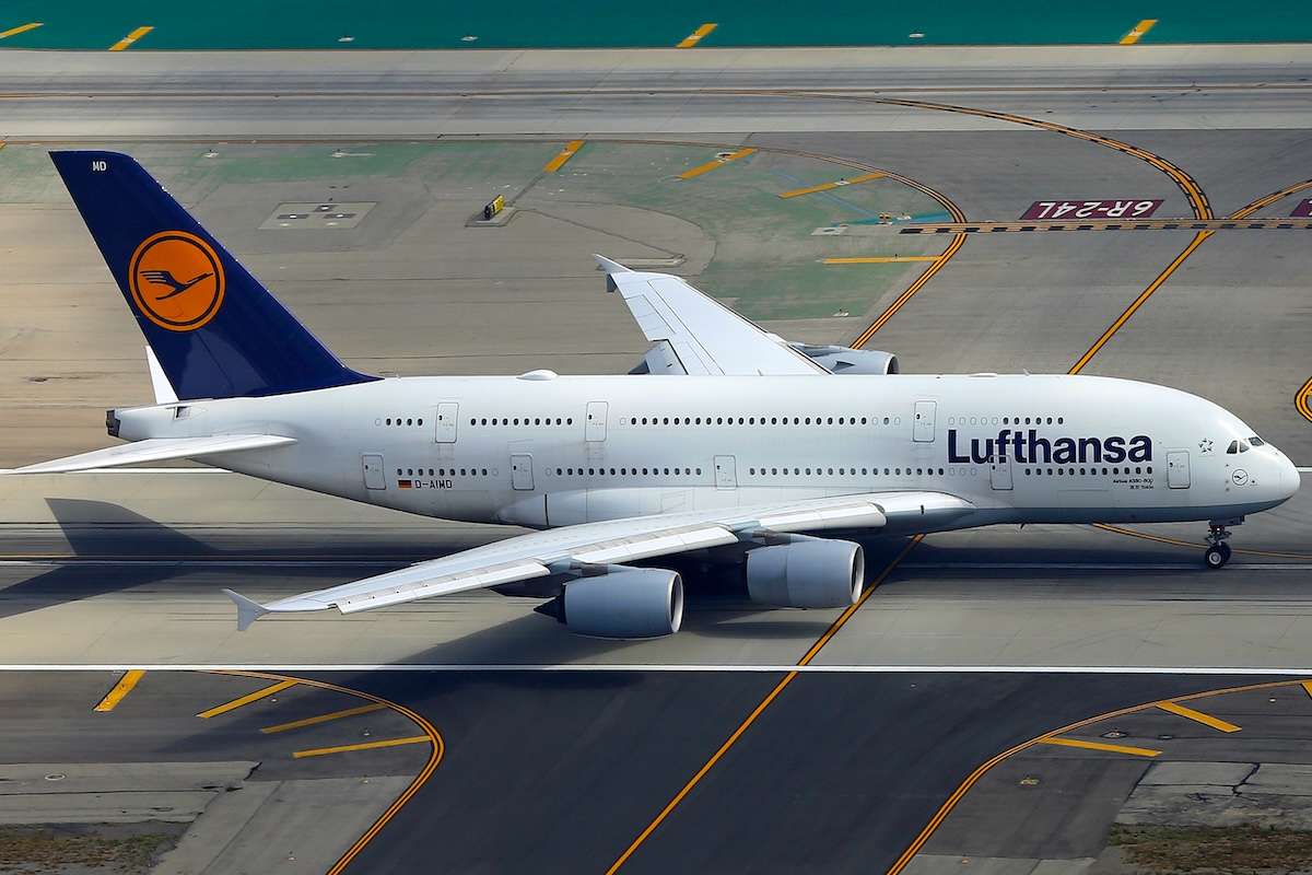 Los Angeles, California, USA - June 17, 2015: Lufthansa Airbus A380-841 takes off from Los Angeles International Airport (LAX)