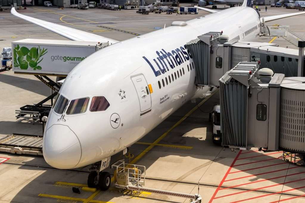 Frankfurt, Germany - July 25, 2025: Lufthansa Boeing 787-9 Dreamliner airplane at Frankfurt airport in Germany.