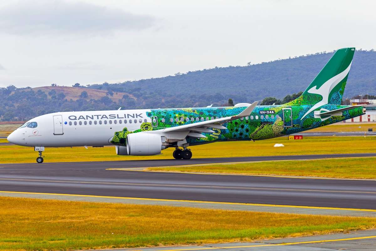 QantasLink, operated by National Jet Systems, (VH-X4A) Airbus A220-300 taxiing at Canberra Airport.