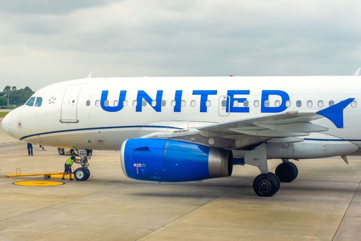 Houston, USA 14 04 21, United Airlines plane stopped on tarmac on a cloudy day being parked, no flights, no people