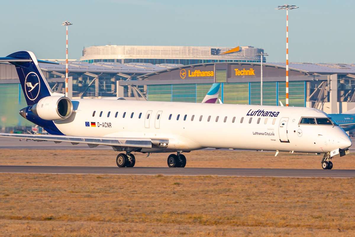 Lufthansa Bombardier CRJ-900 airplane at Stuttgart airport (STR) in Germany