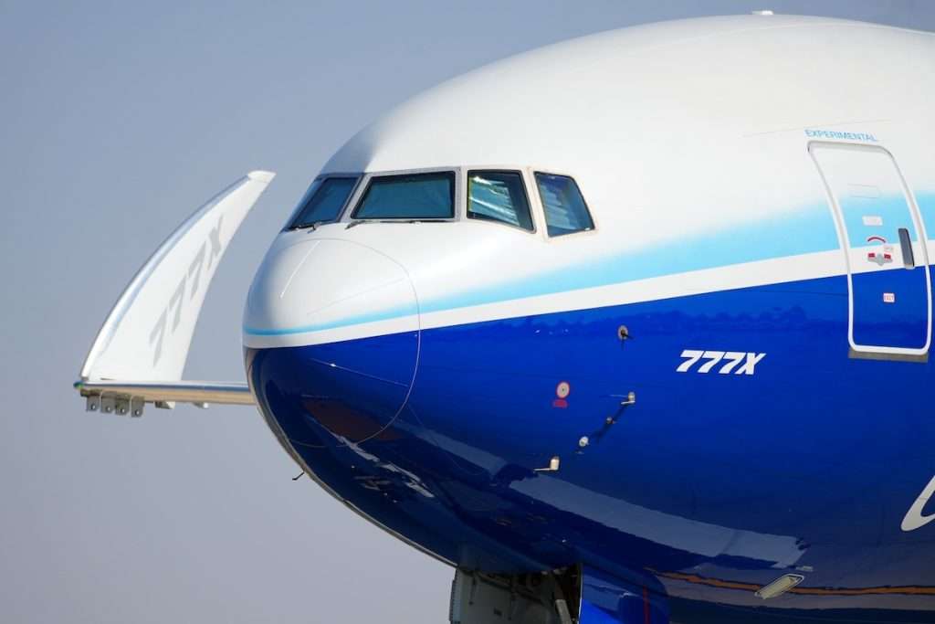 Dubai, UAE - Nov 15th 2023: A Boeing 777X flight test vehicle taxis out to the runway for a flying display at the 2023 Dubai Airshow