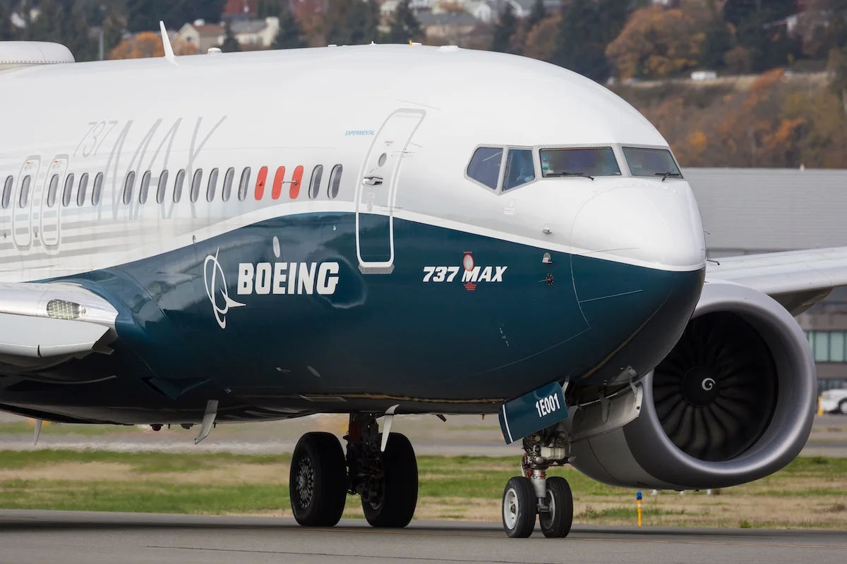 A Boeing 737 Max 7 departs from King County International Airport, also known as Boeing Field