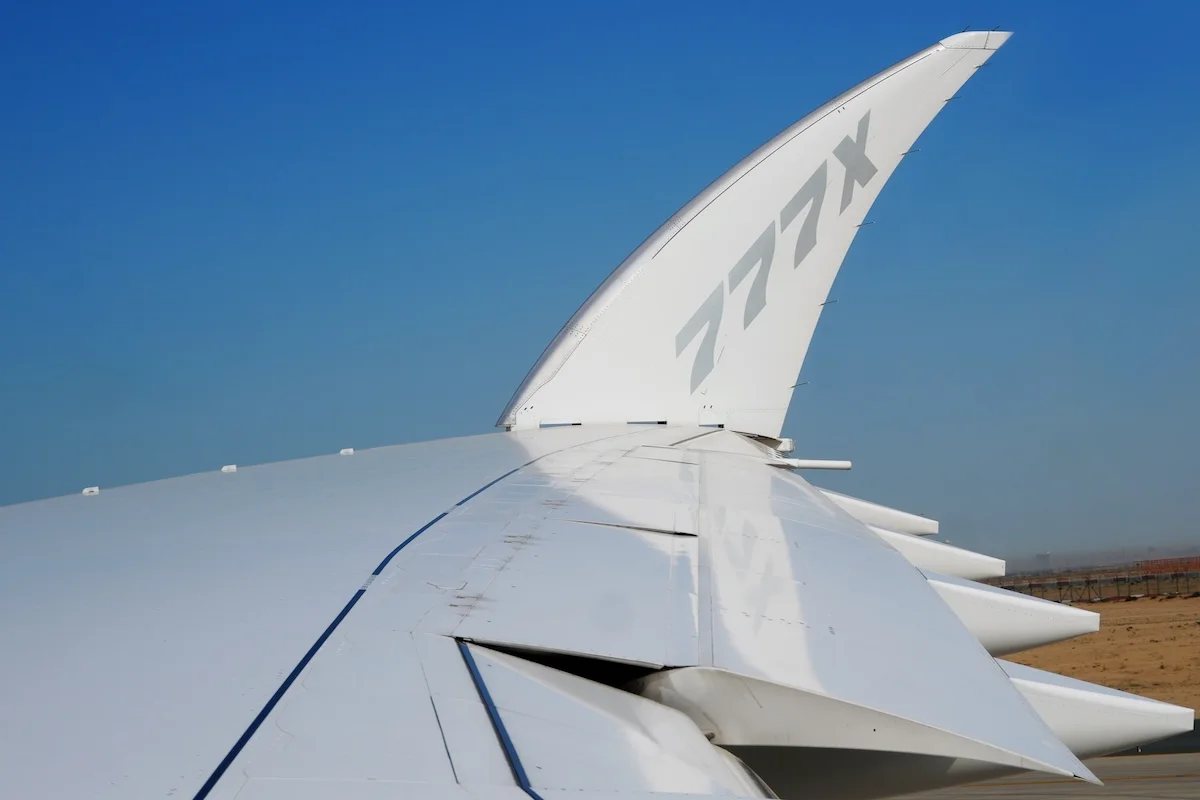 The wing and folding winglet of the Boeing 777X is captured here at the 2023 Dubai Airshow