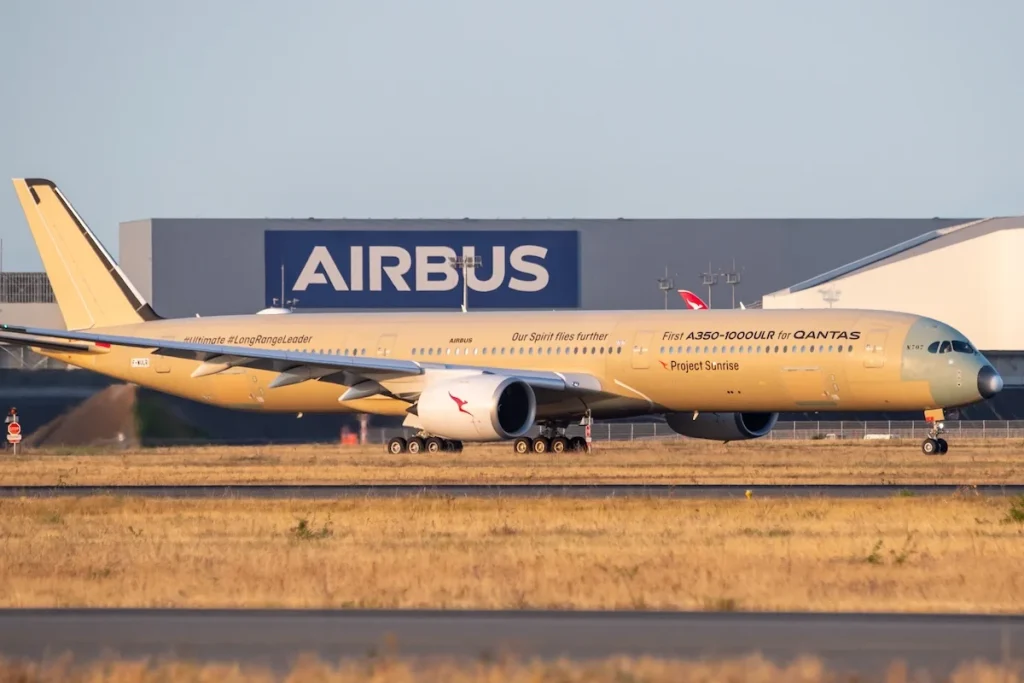 The Qantas Airbus A350-1000ULR begins its nonstop flight to Melbourne in Australia for the first time