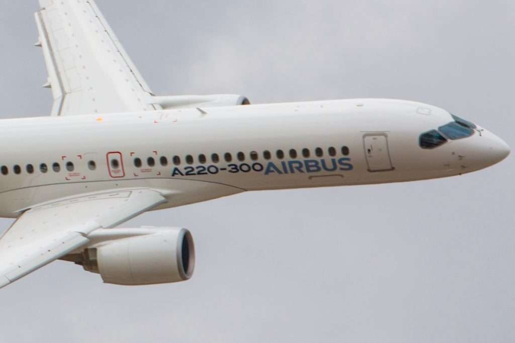 An Airbus A220 at the Farnborough International Airshow 2018