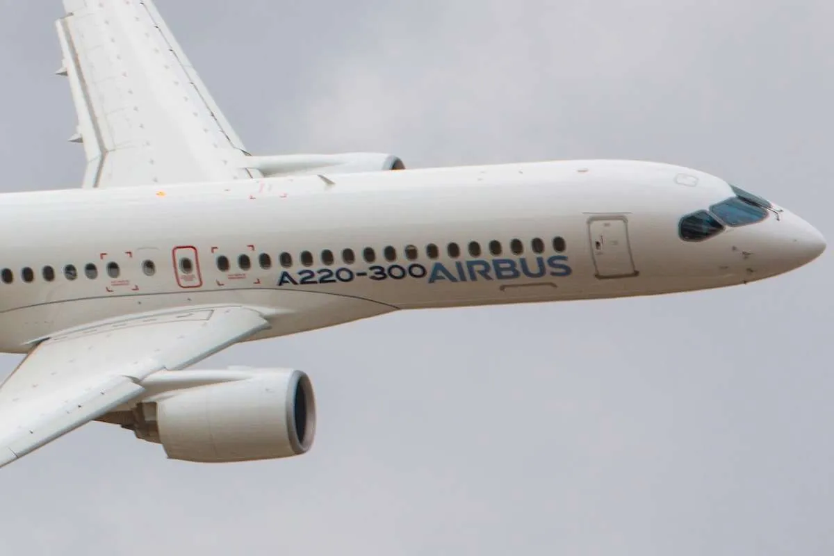 An Airbus A220 at the Farnborough International Airshow 2018