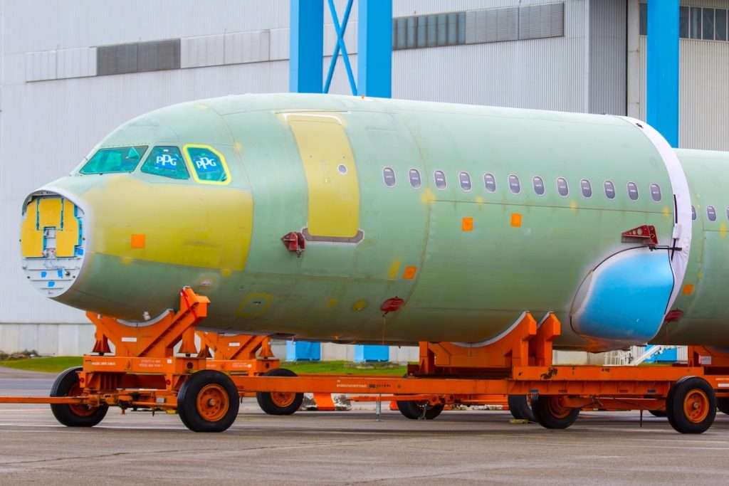 Airbus A320. Fragments of the plane fuselage on the transport platform.