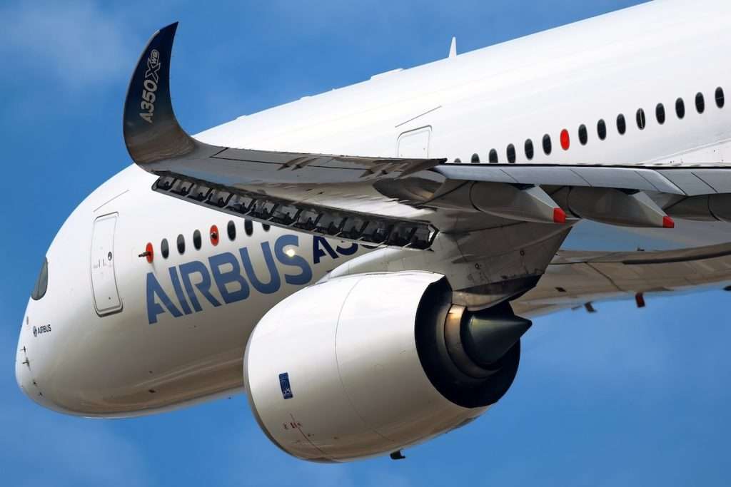 Airbus Industries EADS Airbus A350 XBW banking left during a demo flight close up view