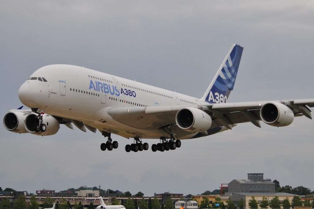 Airbus A380-800 F-WWOW comes into land at Farnborough during the Airshow on 19th July 2014