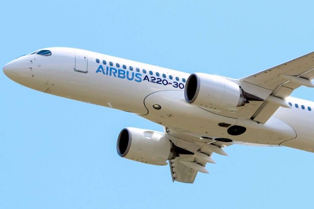 The Airbus A220-300 performed a low-pass at Toulouse-Blagnac airport on 10 July 2018, for the official presentation at Airbus' headquarters with her new name