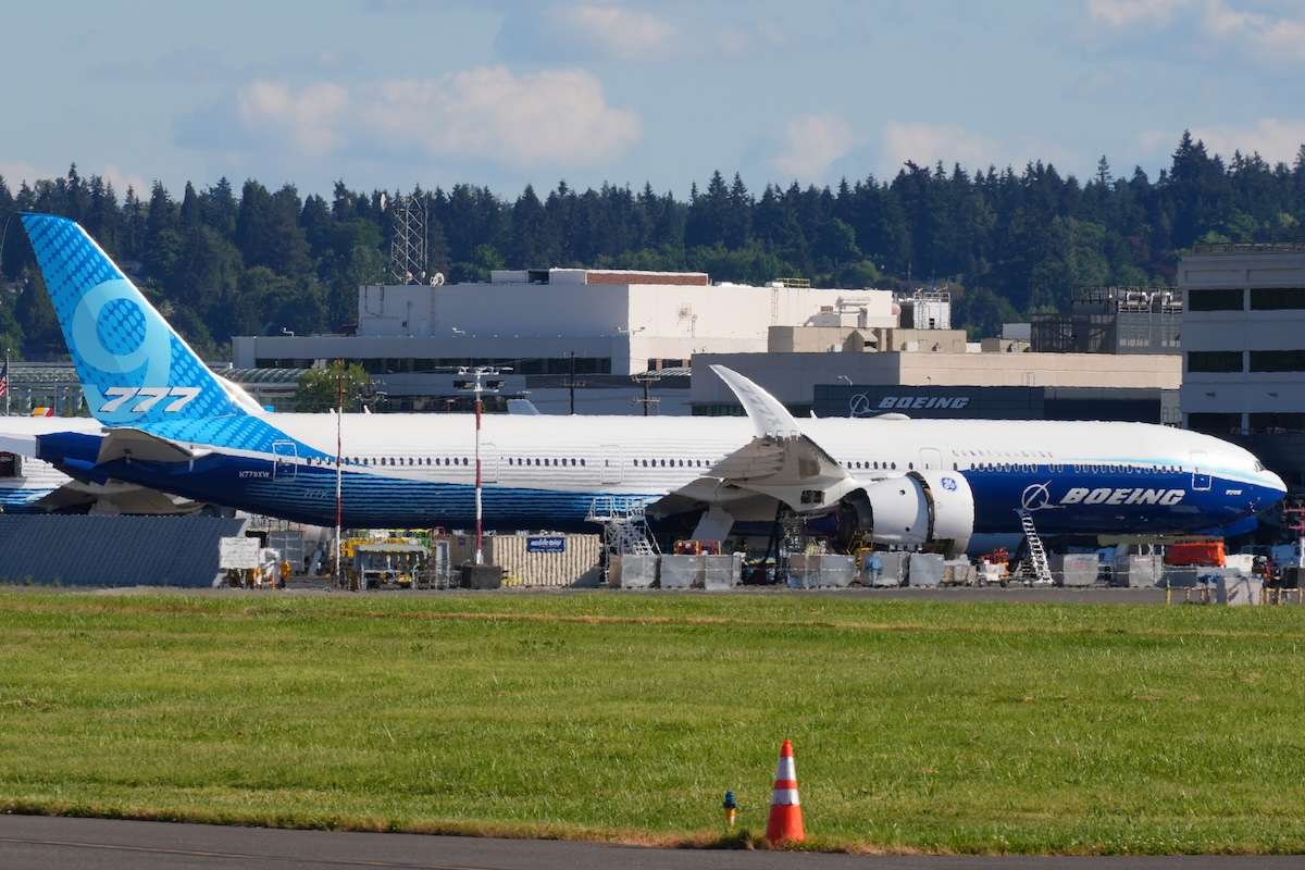 SEATTLE, WA -17 MAY 2026- View of the new Boeing 777-9 airplane in testing at Boeing Field in Seattle.