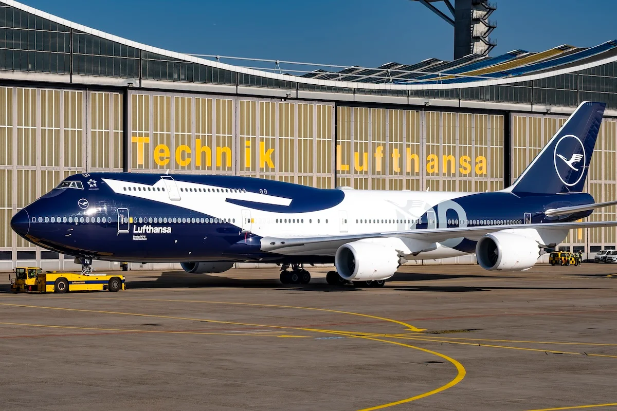 Lufthansa Boeing 747-8 in 100 year livery arriving in Frankfurt home base on sunny morning