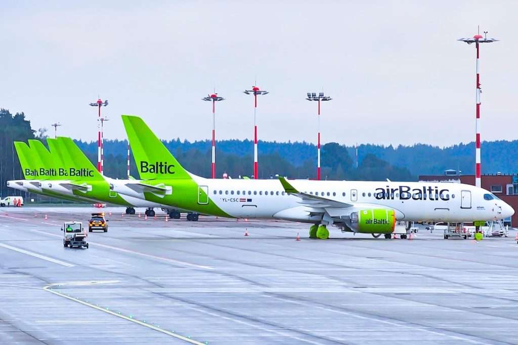 AirBaltic fleet of new airplanes at the parking lot at Riga airport, Latvia.
