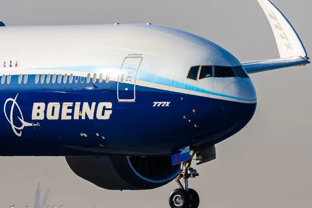 Boeing 777-9X, c/n 64240 LN 1567, reg N779XW, static and flight display seen at Al Maktoum (DWC / OMDW) during Dubai Airshow 2023.