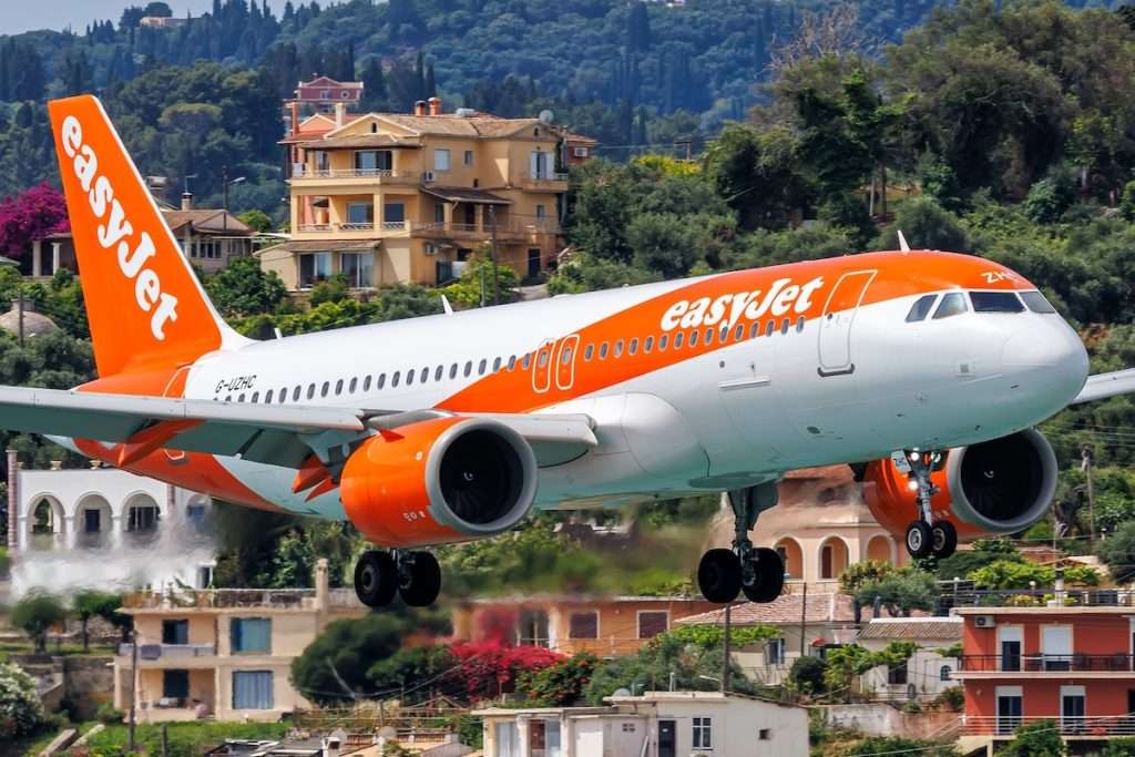 EasyJet Airbus A320neo airplane at Corfu Airport (CFU) in Greece