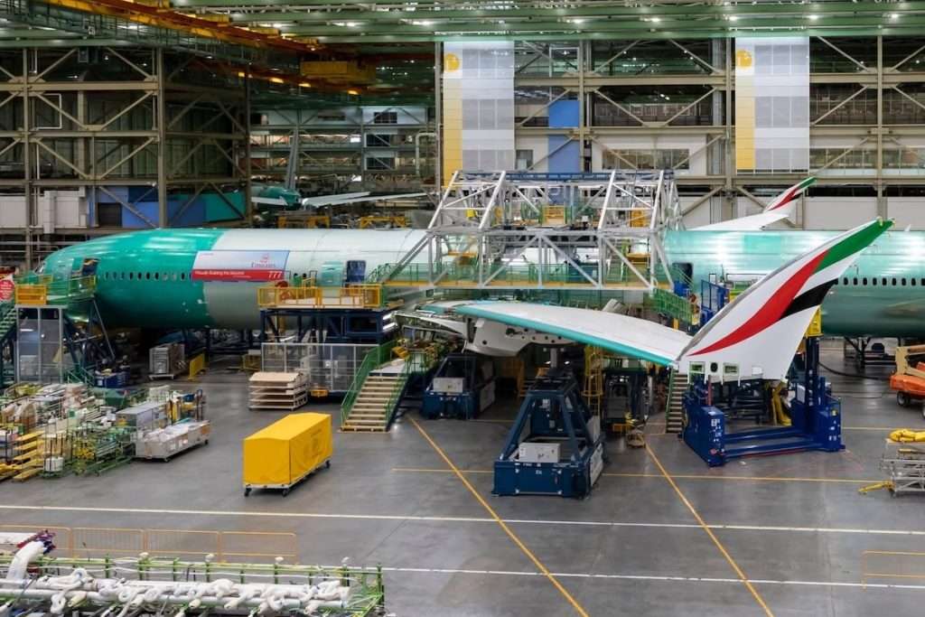 An Emirates Boeing 777X in production