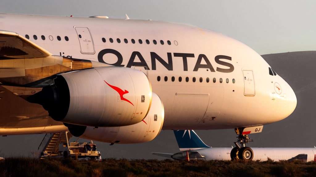A Qantas Airways Airbus A380 at the ramp of Athens International Airport
