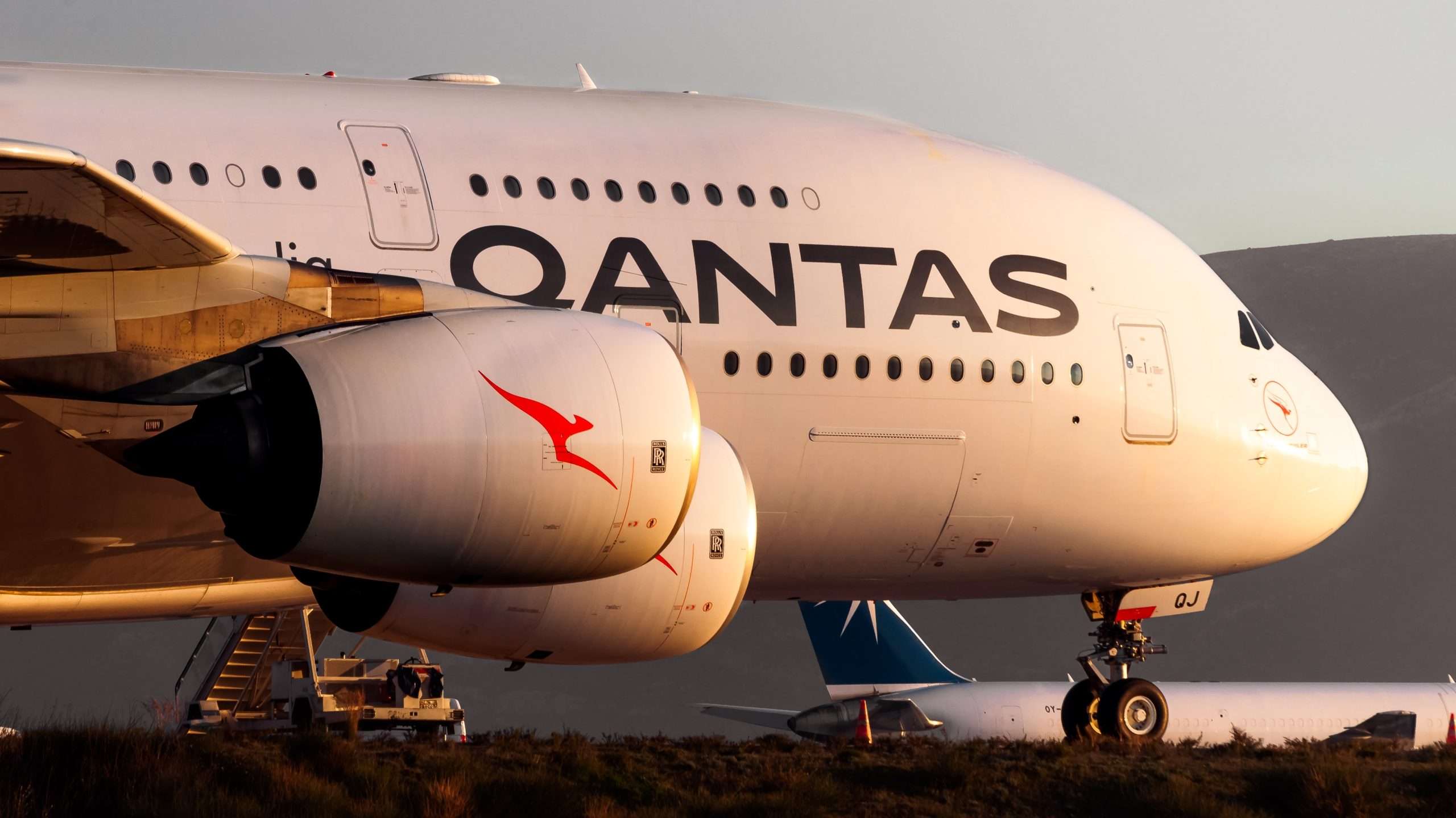 A Qantas Airways Airbus A380 at the ramp of Athens International Airport