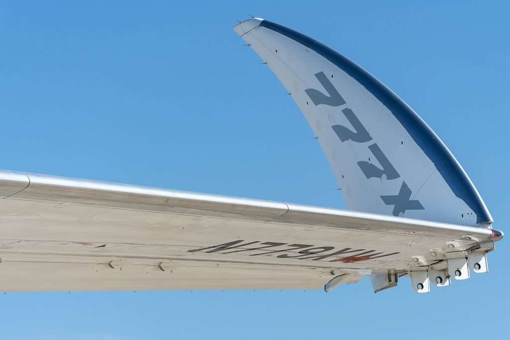 Newly built wingtip of the Boeing 777X