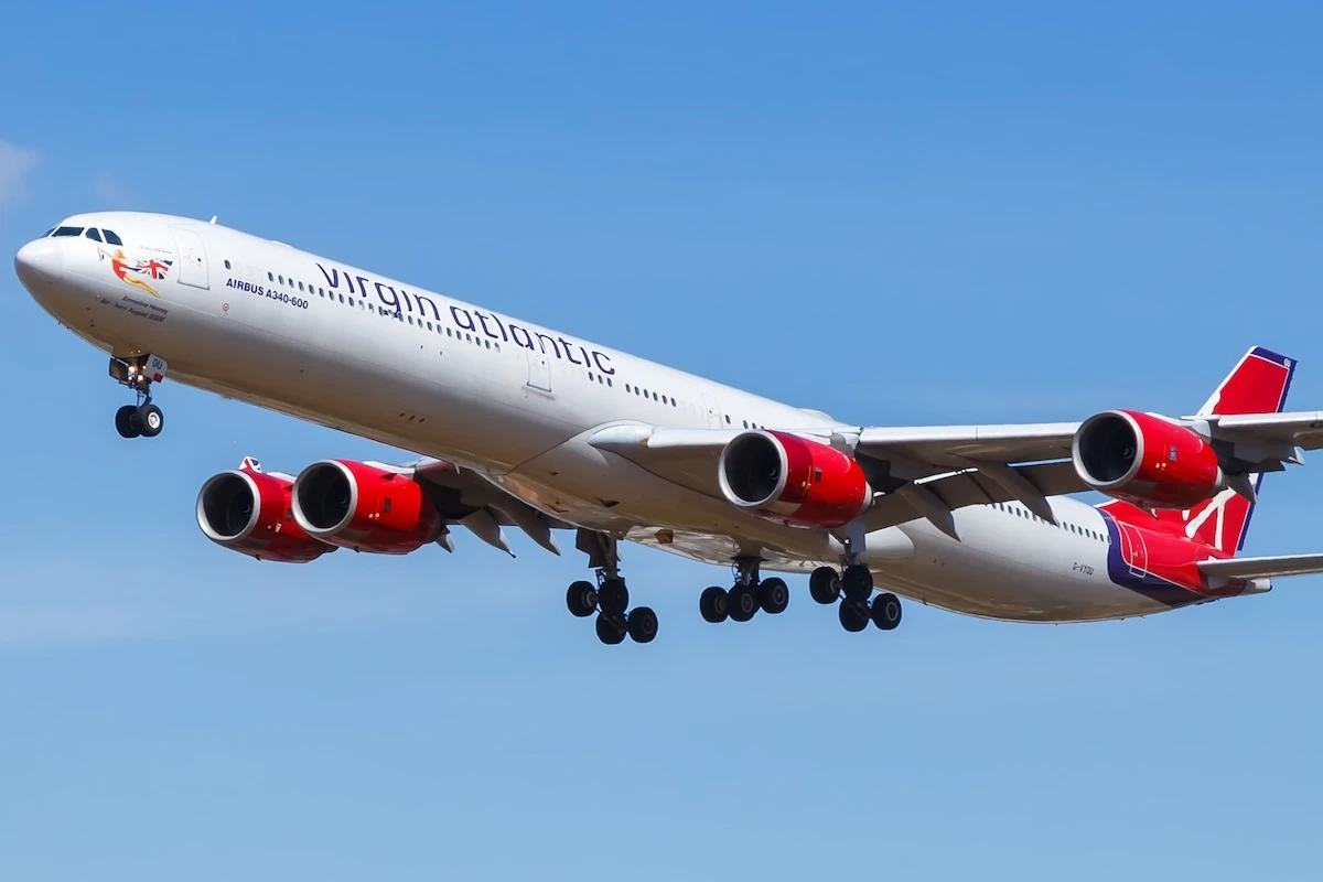 Virgin Atlantic Airbus A340-600 airplane at London Heathrow airport (LHR) in the United Kingdom