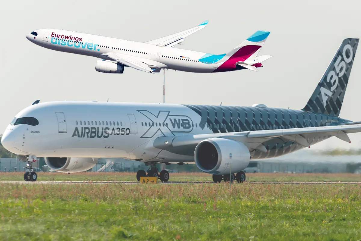 Airbus A350 with a Discover Airlines A330 in the background