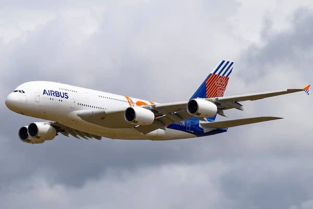 Airbus A380 Flightlab test aircraft flying over Toulouse with its new livery