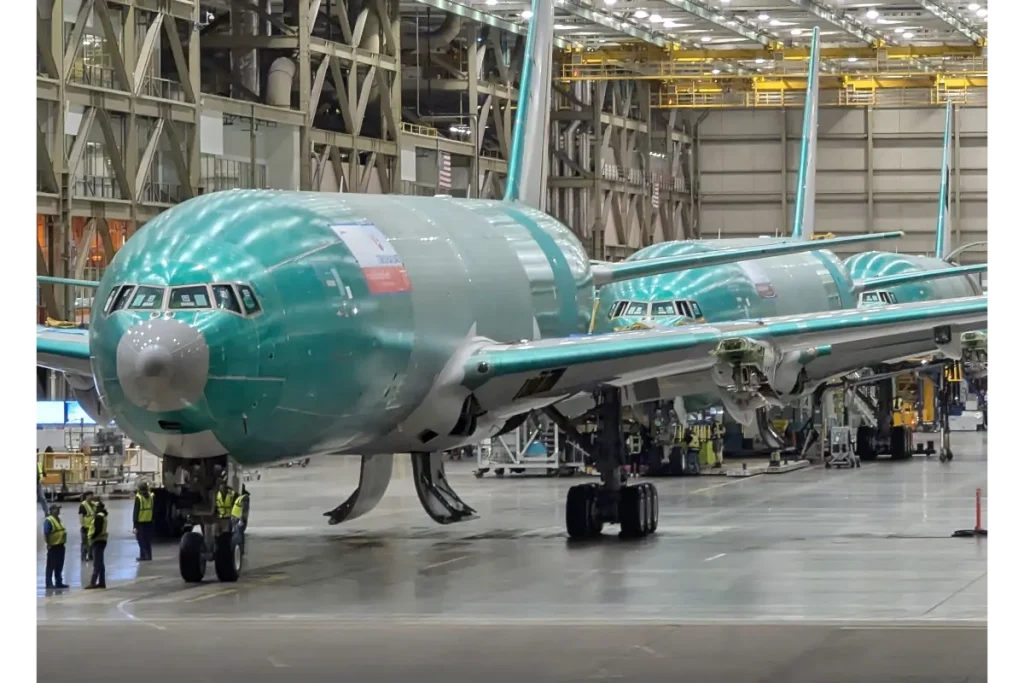 A view of unfinished Boeing 777X fuselages at the Boeing Everett Factory