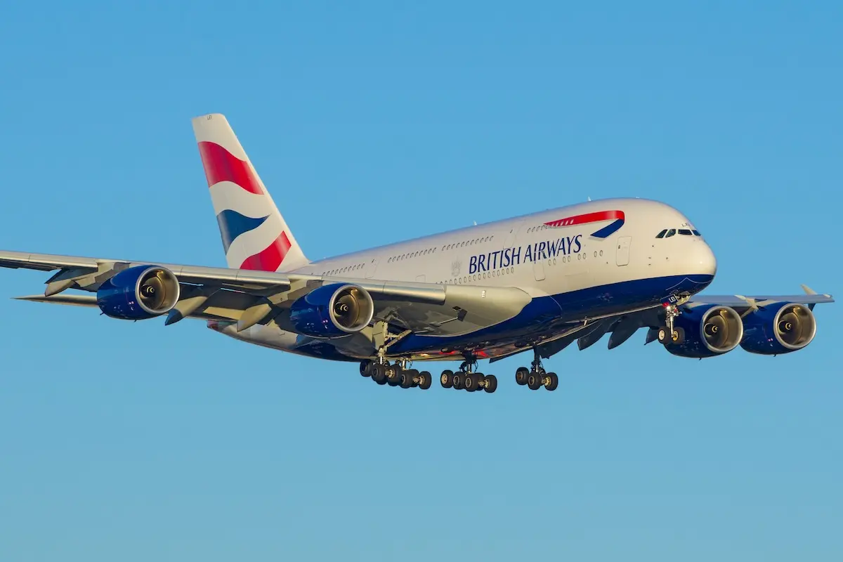 Photo of a British Airways Airbus A380 shown approaching the Los Angeles World Airport (LAX) in late afternoon