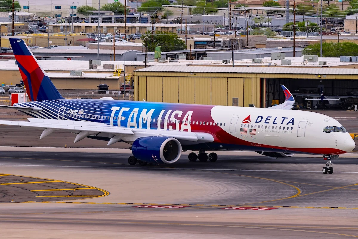 Delta Airlines Airbus A350-900 N531DN in Team USA livery arrival at Phoenix Sky Harbor Intl. Airport